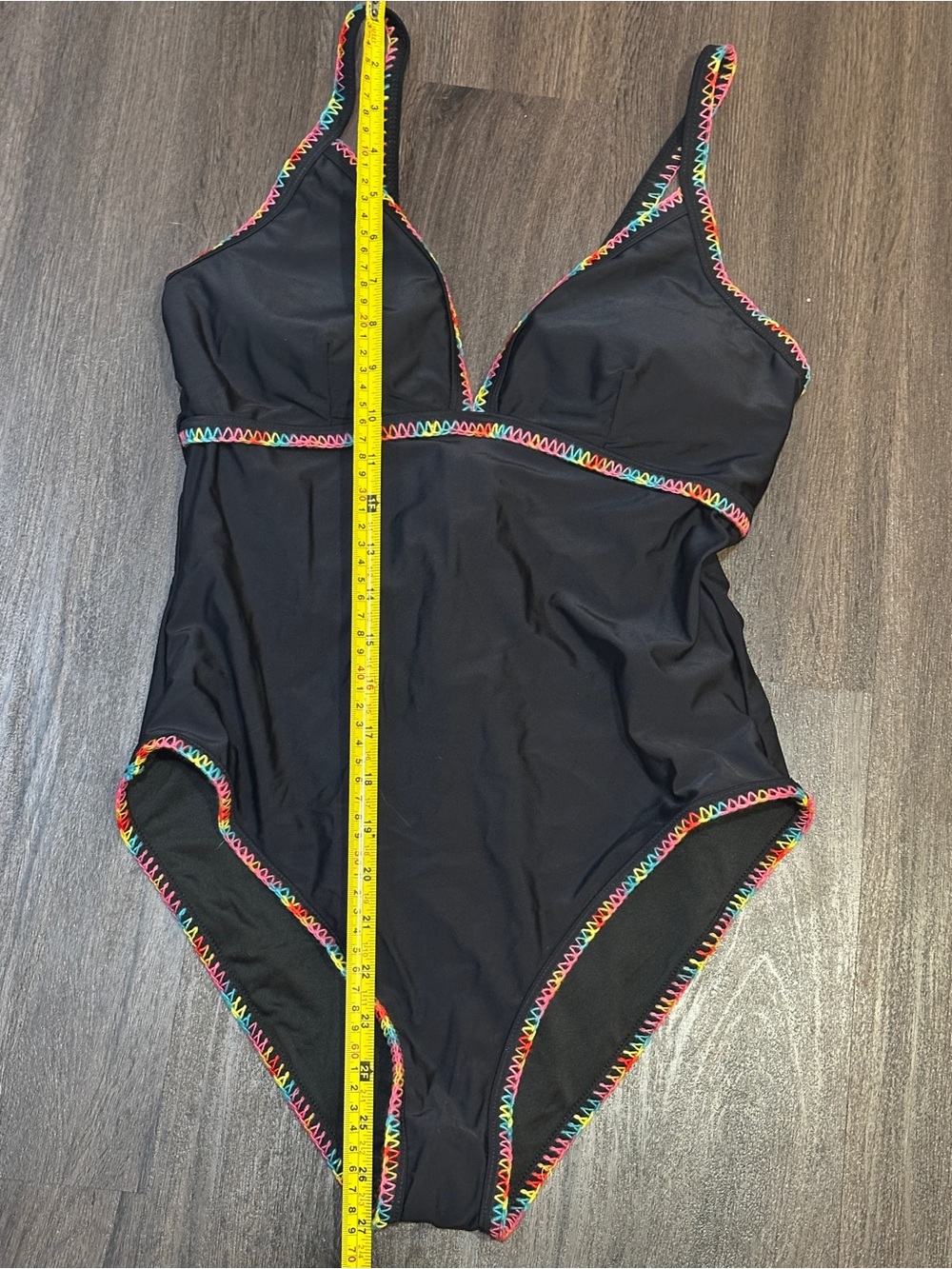 Rainbow Trim Cutout One Piece Swimsuit Black Neon Stitching Size Large NWT - Picture 6 of 11